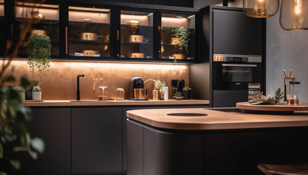 cocina de autor de lujo en Madrid con iluminación ambiental encimera premium y estantería abierta